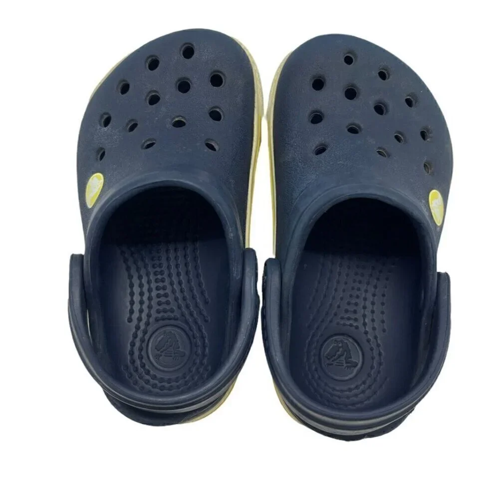 Crocs Navy White Yellow Stripe Crocband Clogs Sandals Toddler Unisex Size C 4-5